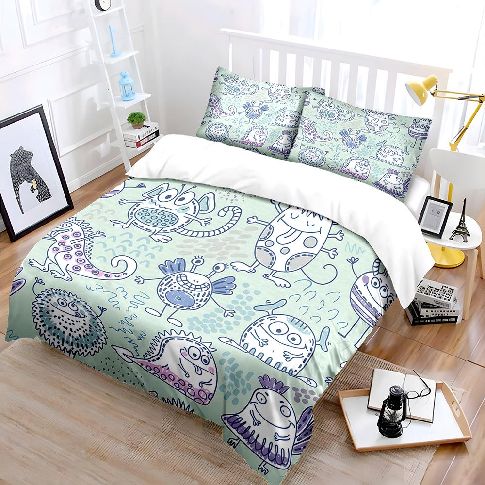 Cartoon Monster Pattern Design Bedding Set for Kids Luxury Gift 3pcs Digital Print Comforter Set Soft Comfortable Breathable