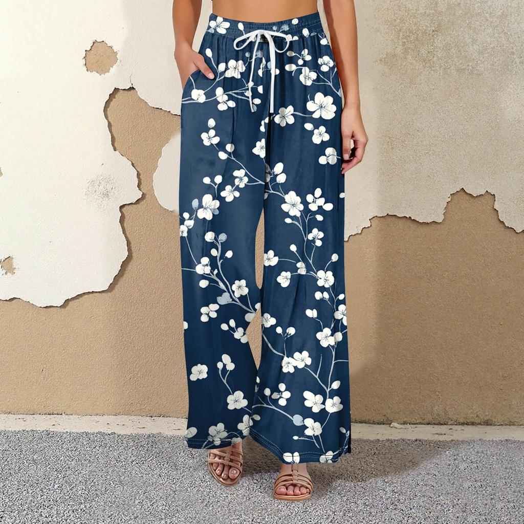 Women's Printed Wide Leg Pants With Pockets High Waist Drawstring Loose Casual Pants