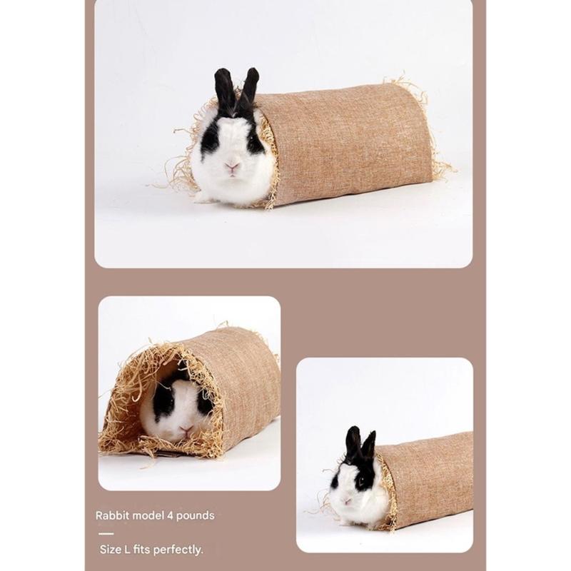 Natural Grass Filled Rabbit Tunnel Toy Cotton Linen Fabric Hideouts Cave for Small Pet Comfort Fun Burrowing Exploration