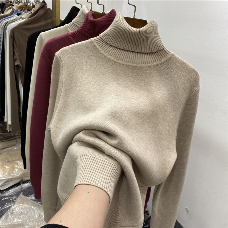 Toamnă Iarnă Gros Cald Catifea Guler Înalt Pulover de Damă Mânecă Lungă Solid Pluș Pulovere Femei Croială Slim Casual Tricotaje Pulovere 25196