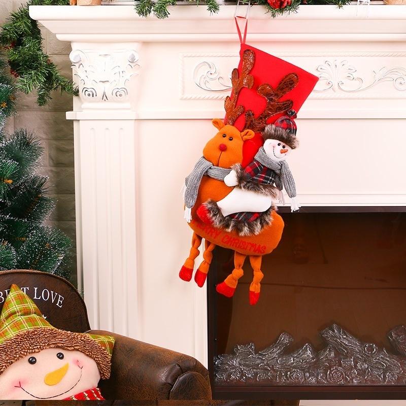 Snowman Riding Deer Christmas Socks Pendant Christmas Gift Bag New Years Christmas Tree Decoration