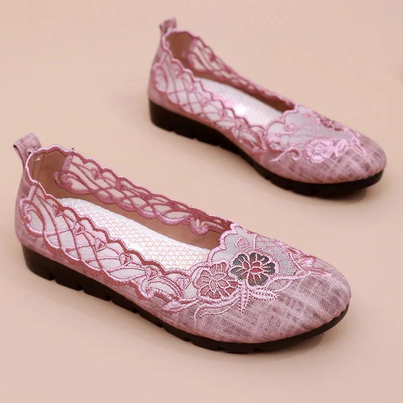 New Woman Shoes Fashion Versatile Embroidery Mesh Hollow Out Breathable Comfortable Non-slip Casual Big Size Shoes Women
