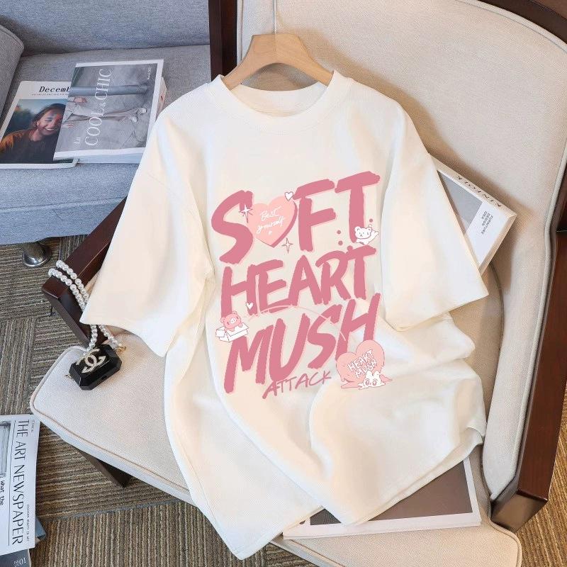 Tricou cu mânecă scurtă din bumbac pur, alb, pentru femei, de vară, nou, de dimensiuni mari, design lejer, imprimat, subțire, cu mânecă jumătate