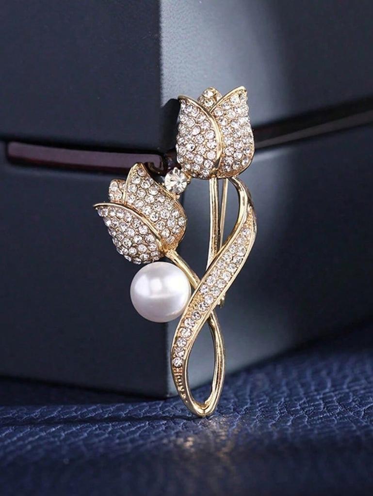 1pc Brooch Rhinestone Tulip Flower Brooch Anti-Glare Suit Brooch Collar Pin Jewelry