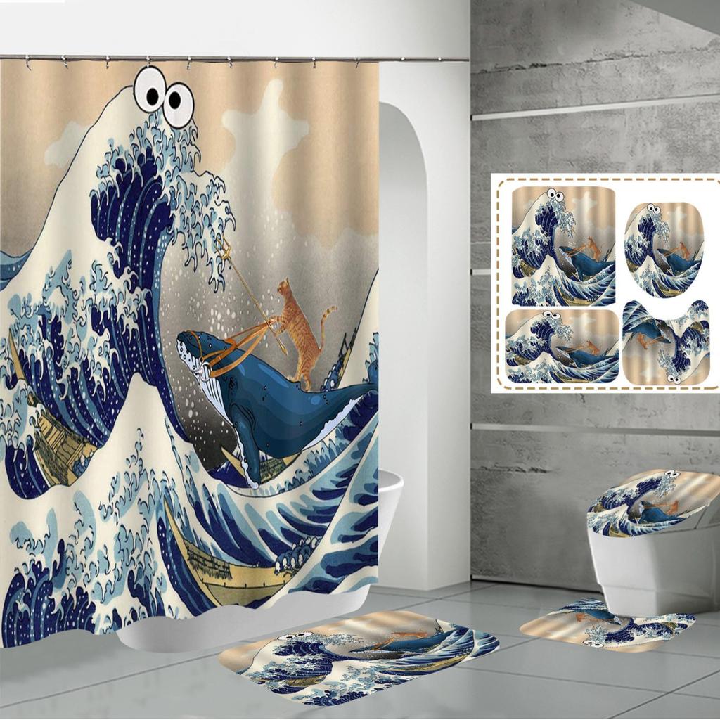 Shower Curtain Four-Piece 3D Digital Printing Shower Curtain Underwater Animal Bathroom Partition Shower Curtain