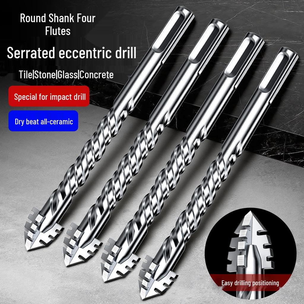 Extra Langer Rundschaft Gezahnter Exzentrischer Bohrer – Vier Nuten, Zwei Nuten zum Bohren von Beton und Fliesen