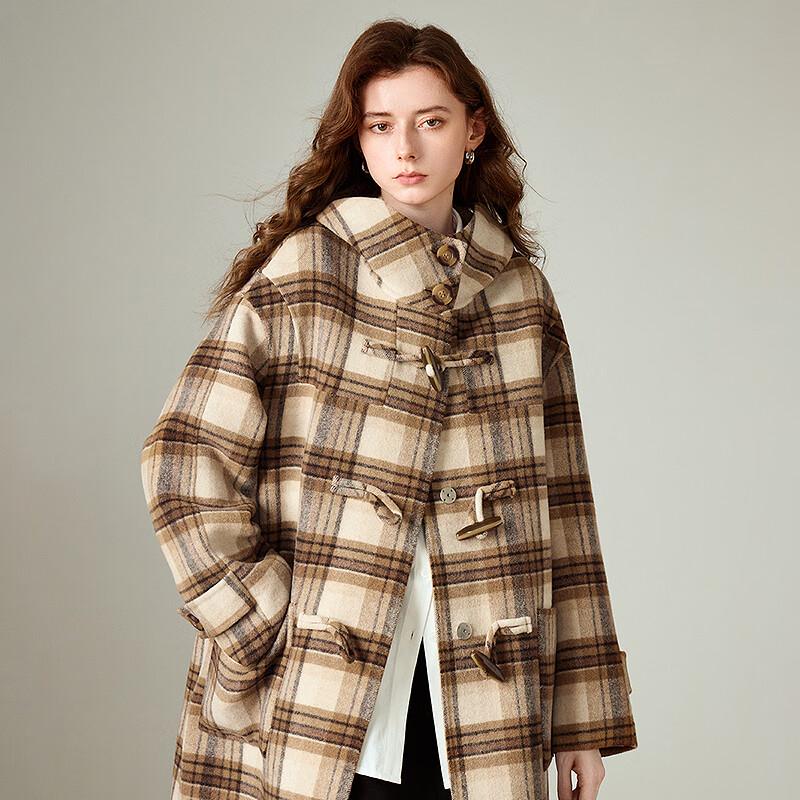 Chuyu Women's Loose Fit Plaid Wool Blend Hooded Coat