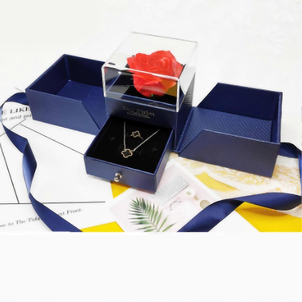 Rose Flower Jewelry Box Exquisite Ring Necklace Gift Case for Valentine's Day Anniversary WeddingBlue
