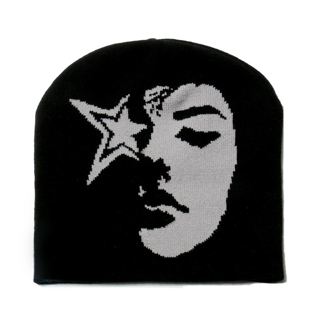 Y2K popular star woman singer pattern jacquard knitted hat hip hop personality warm winter hat woman