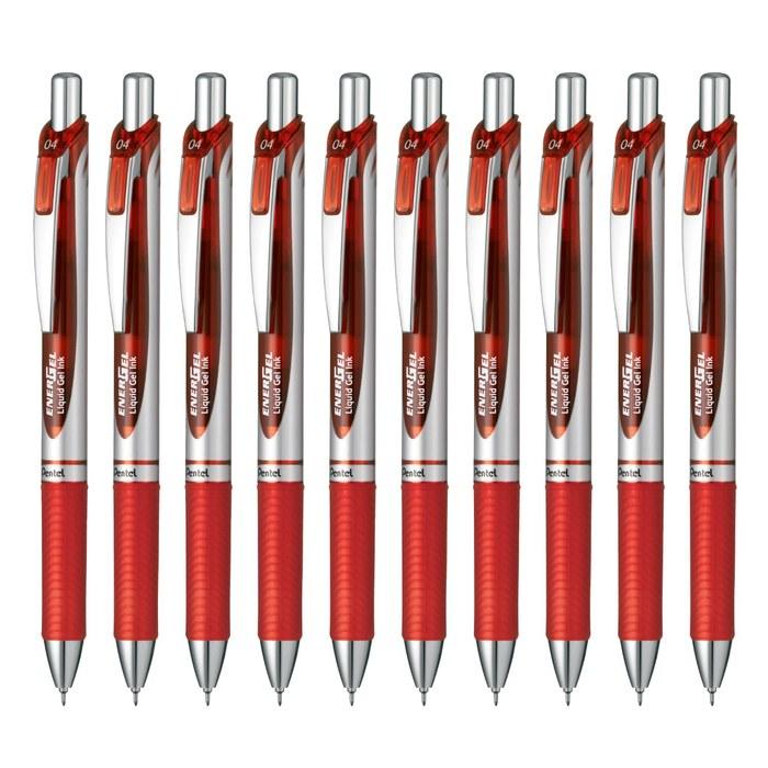 Pentel EnerGel Ballpoint Pen 0.4mm Silver Body Red 10-pack