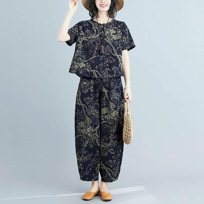 Pants Sets Summer Korean Style Casual Retro Linen Short Sleeve Printed Shirts Harem Pants Two Piece Sets Women Outfits