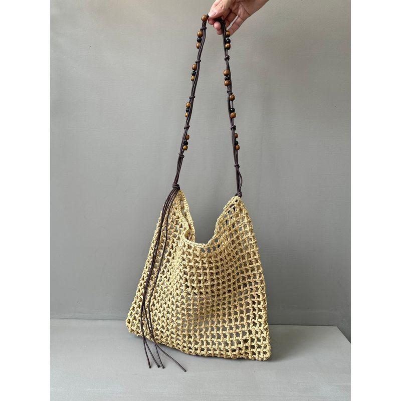 

Summer Beach Bag Raffia Woven Bag Beaded Retro Underarm Bag Large Capacity Shopping Bag Shoulder Tote Bag Women
