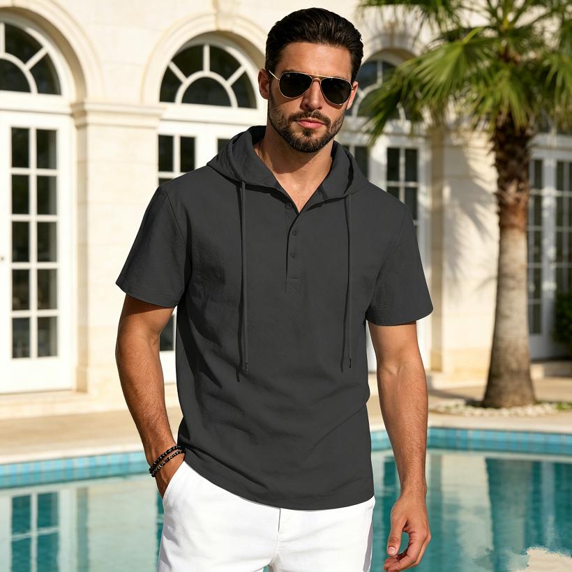 Men's Linen Short Sleeve T-Shirt Beach Casual Hooded Shirt Pure Color Shirt Comfortable Lightweight Breathable Summer Top