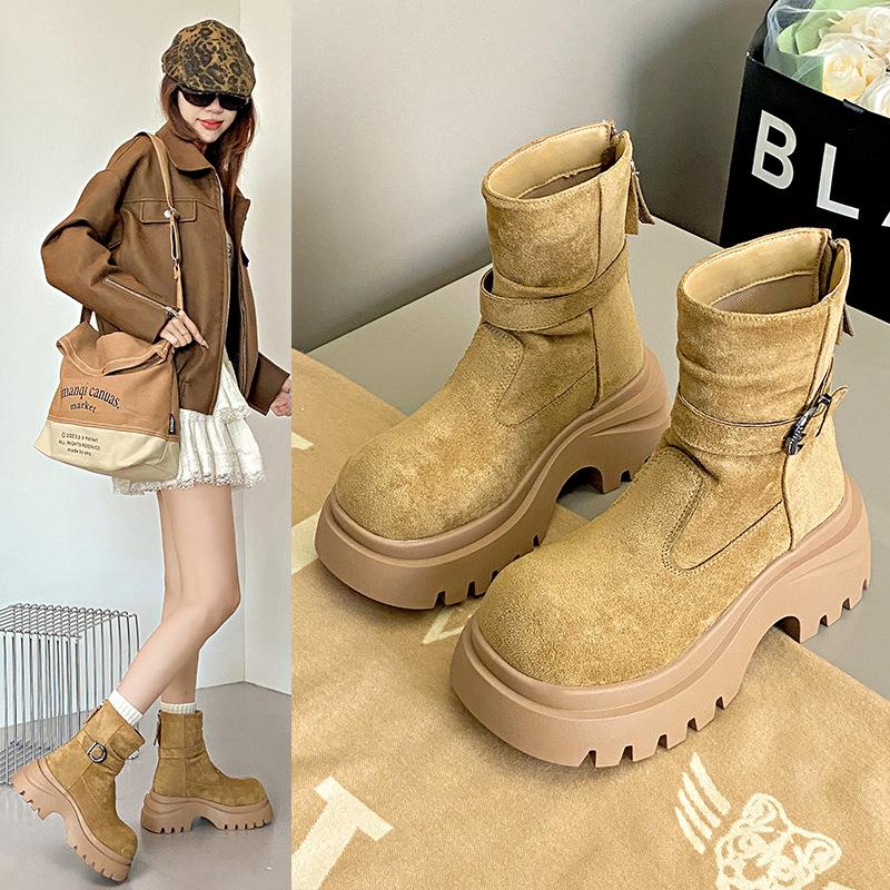 Women's British style mid-calf fashion versatile soft elastic comfort ankle boots shock absorption non-slip casual sports Martin boots