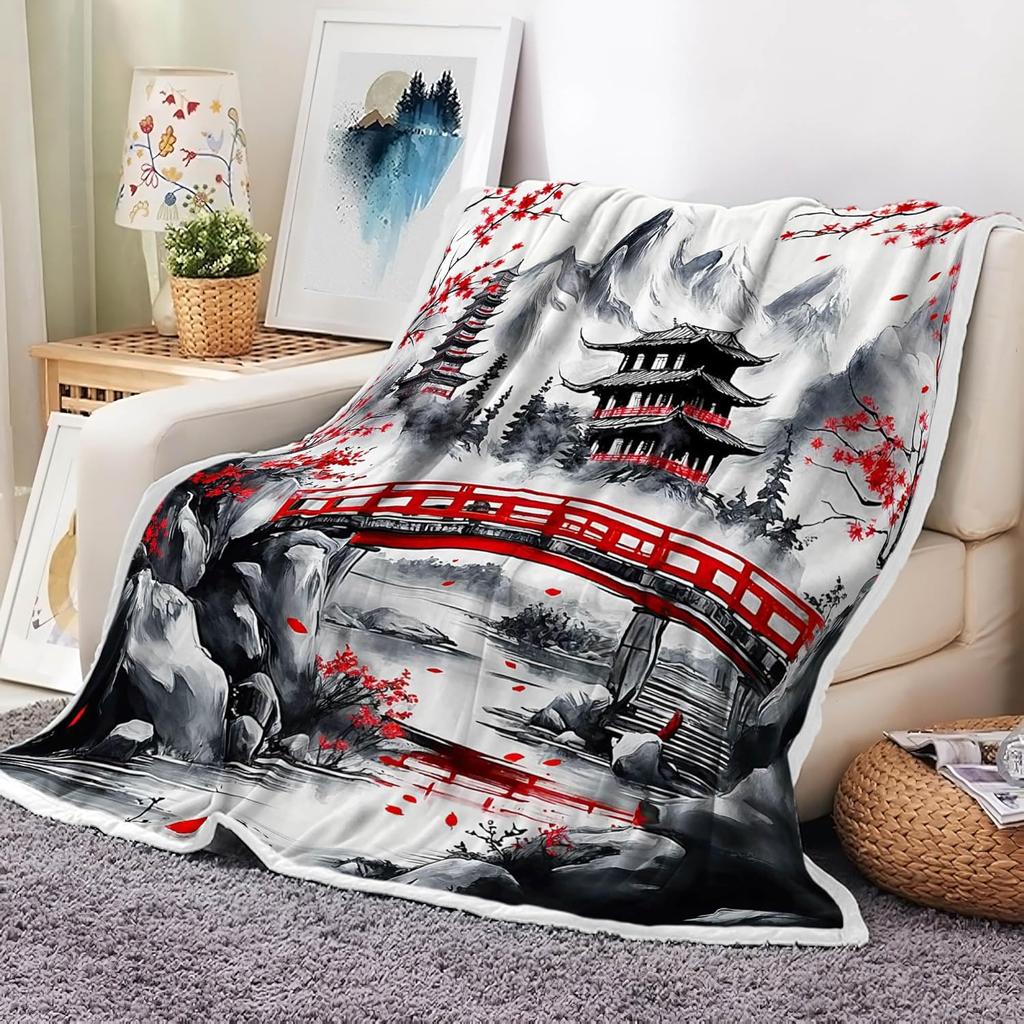 GUOYU Blanket Japanese Cherry Blossom Blanket Asian Japanese Wave Kanagawa Throw Flannel Blankets for Couch  Bed Asian Anime Mount Red Sun