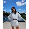 Womens Casual Hooded 2-Piece Set Long Sleeve Zip-Up Top With Drawstring Shorts Streetwear Outfit
