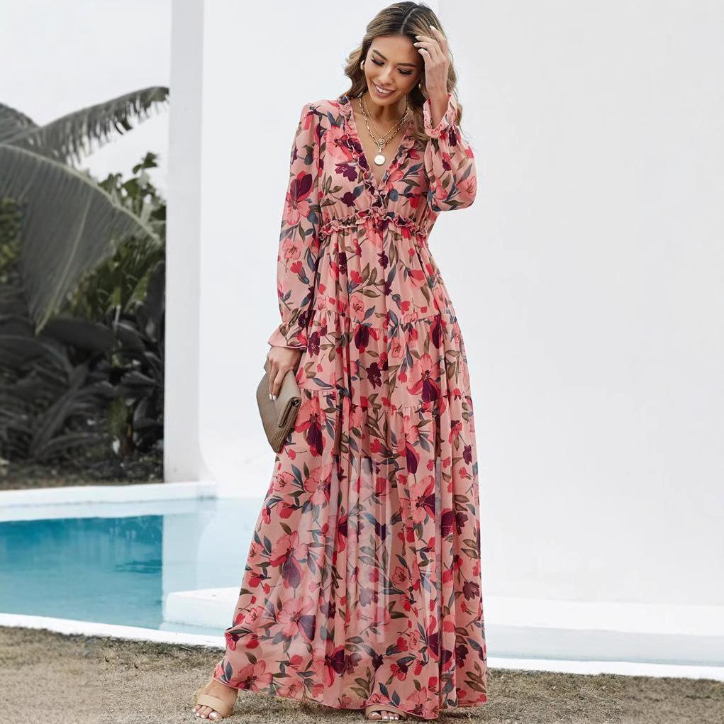 

Women Flower Print Dress V Neck Maix Dress S темно-розовый