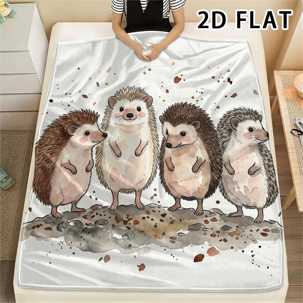 1Pc Watercolor Hedgehog Print Flannel Blanket,High quality Comfortable for All Seasons,Home Decor,Warmth and Comfort,Perfect for Christmas Gifts