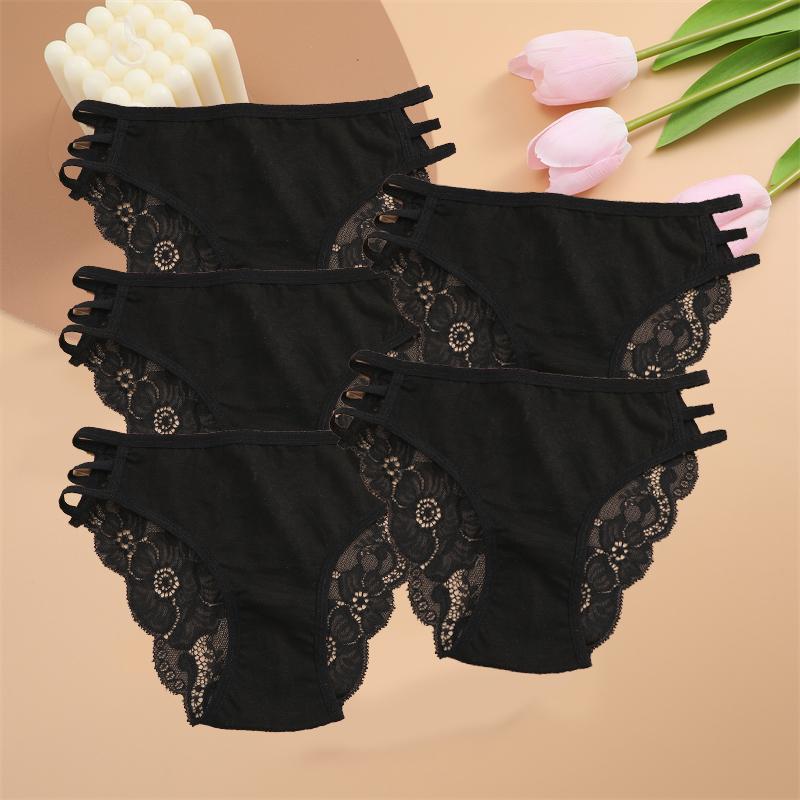 5PCS Women Lace Floral Underpants Sexy Triple Belts Panties Female Low-Waist Perspective Briefs Soft Lingerie Underwear