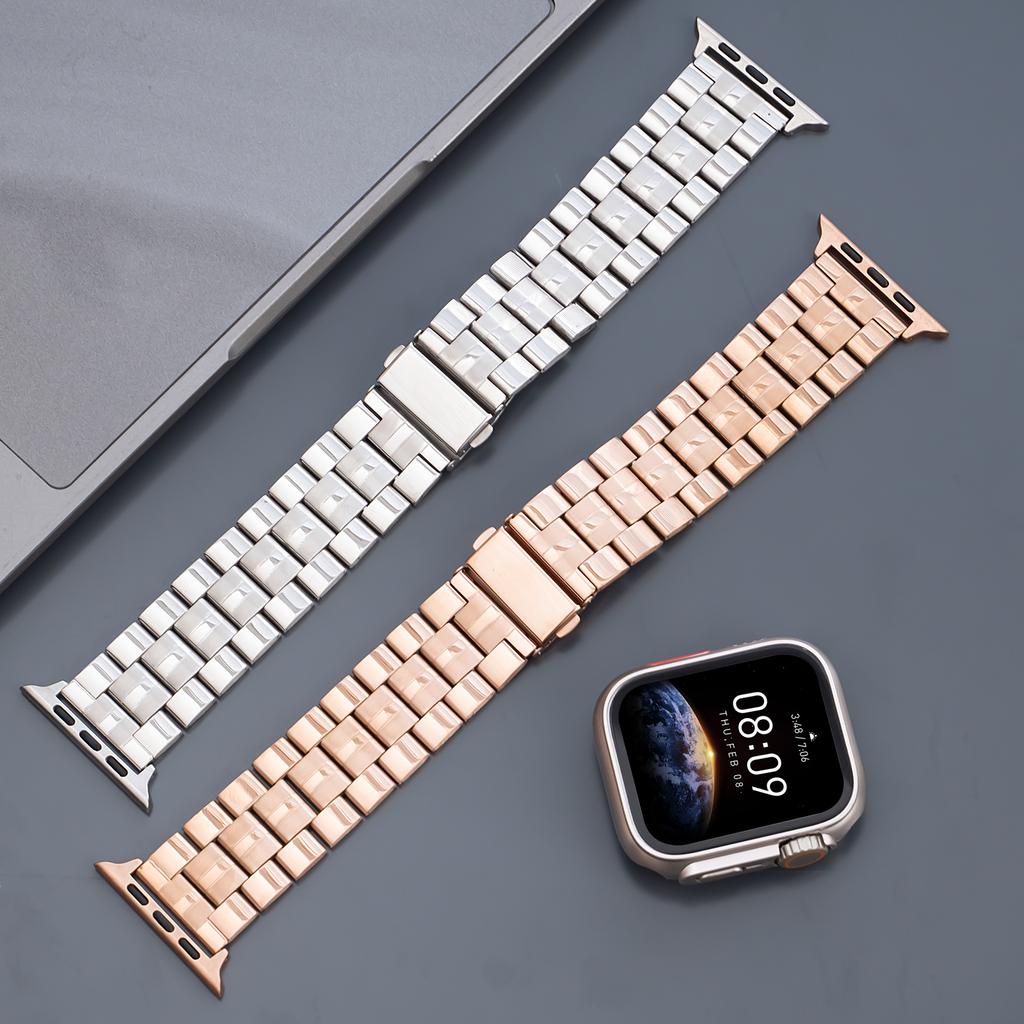 Compatible with Apple Watch Series 9/8/SE, three-bead stainless steel metal watch strap, Huawei GT4/5 watch band