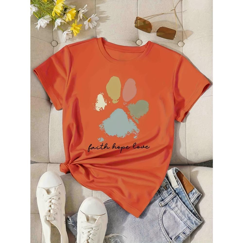 Women Cotton Short Sleeves T-shirts Faith Hope Love Paw Print Women's Tee Boho Pet Graphic Casual Dog Lover Top