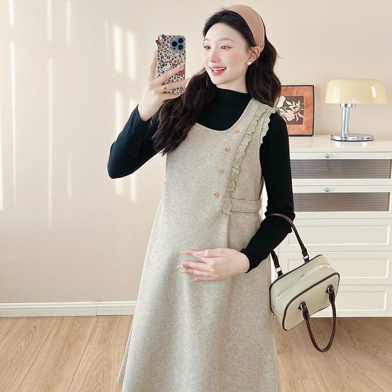 

French Style Plus Size Maternity Two-Piece Dress - Adjustable Waist, Autumn/Winter Collection 2XL