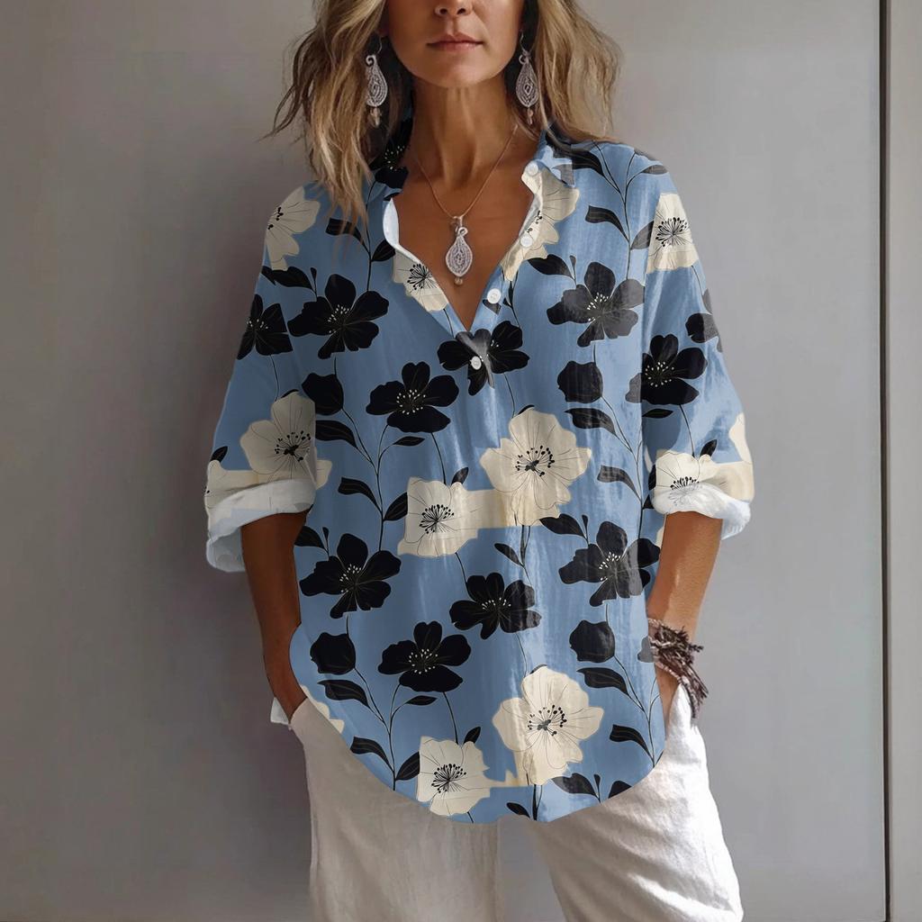 Chemise Pullover Décontractée à Revers et Manches Décontractées Imprimée Ample pour Femmes Printemps et Été