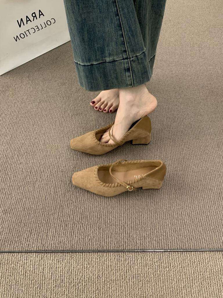 Französisch dicker Absatz Retro eckige Spitze mit Mary Jane Schuhen Spät Abendwind vielseitig nicht müder Fuß mittlerer Absatz Pendeln einzelne Schuhe Frauen