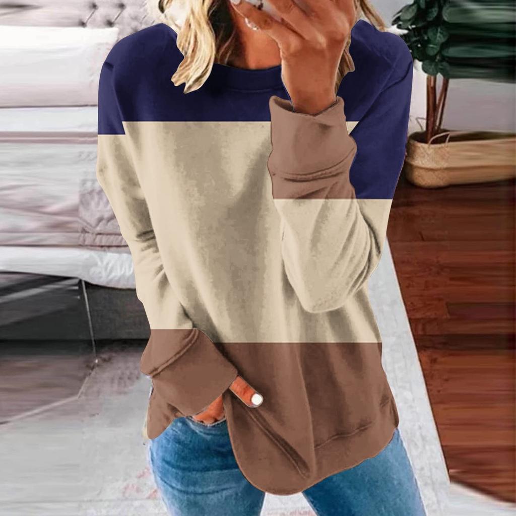 Ladies Casual Fashion Print Long Sleeve Round Neck Pullover T-Shirt Top