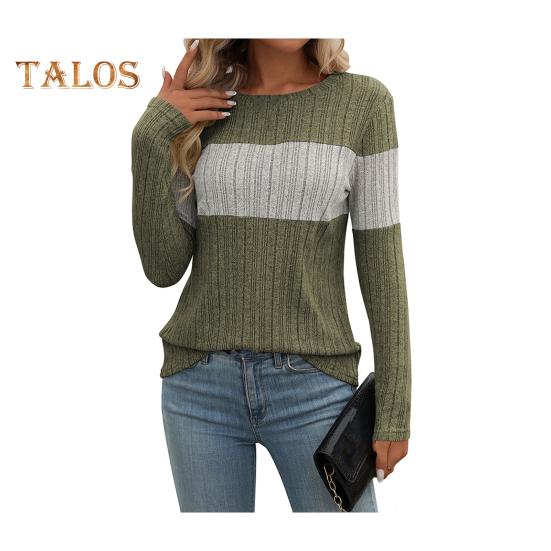 Dámské topy s kulatým výstřihem, dlouhým rukávem, barevný blok, žebrované pletací topy, volný střih, ležérní, svetrové topy, denní nošení