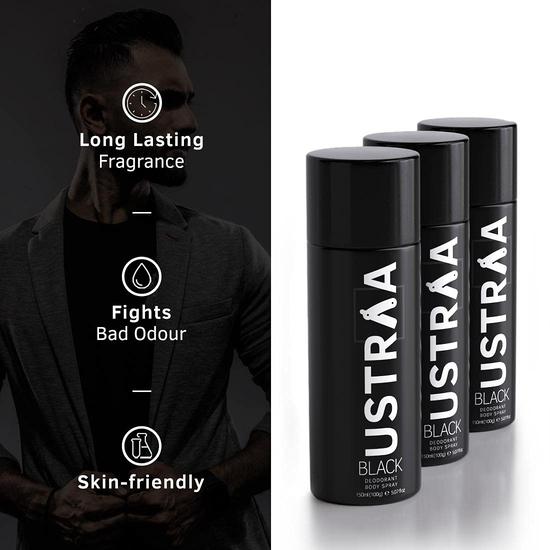 Ustraa Black Deodorant for Men - 3 x 150ml - Strong and Intense Fragrance | Boosts freshness | Fights Bad Odour, Prevents Itching