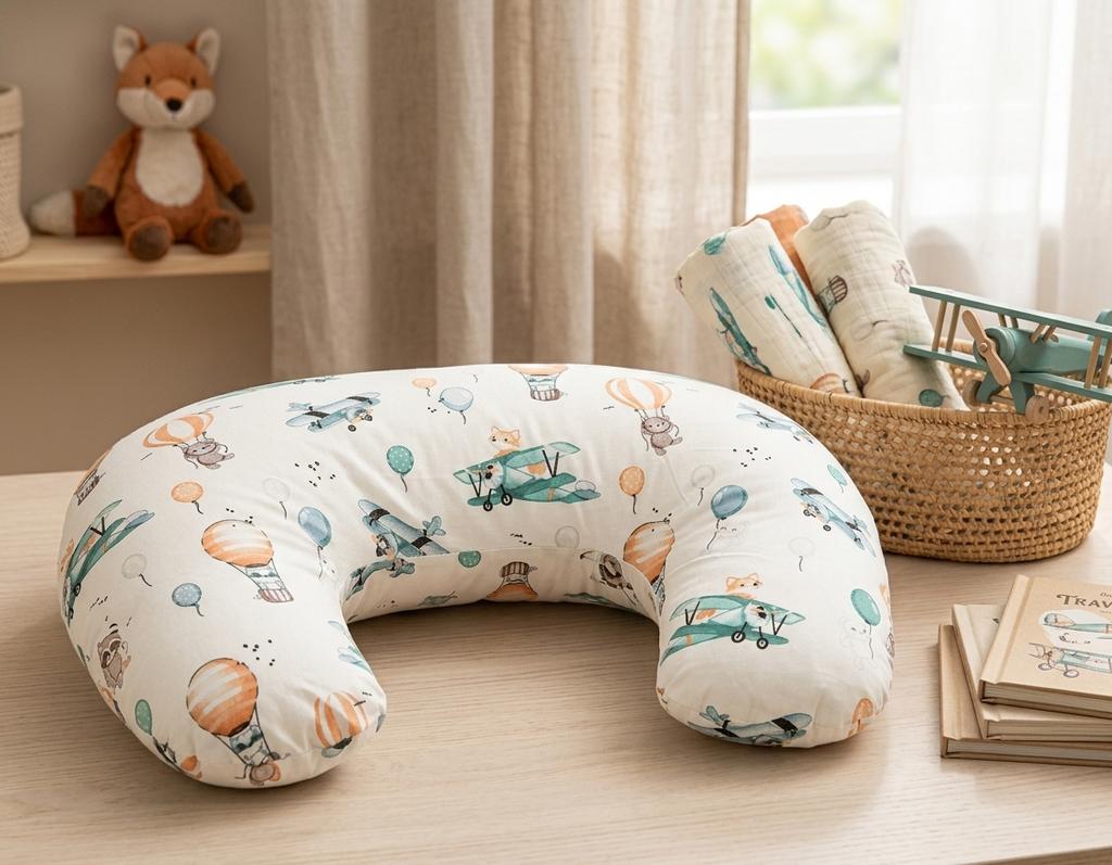 Bean croissant nursing pillow (fox on a plane)