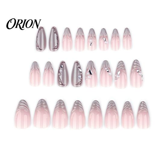 Press On Nails 24Pcs Water Ripple on for Women, Faux Pearl Almond Quick Apply Stick-on Fake Nails, Removable Full Cover Glue False 24PCS