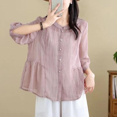 Trekvartärmad Enfärgad Bomullslinne Dam Sommar Ny Mode Temperament Topp Dockkjol Litterär Retro
