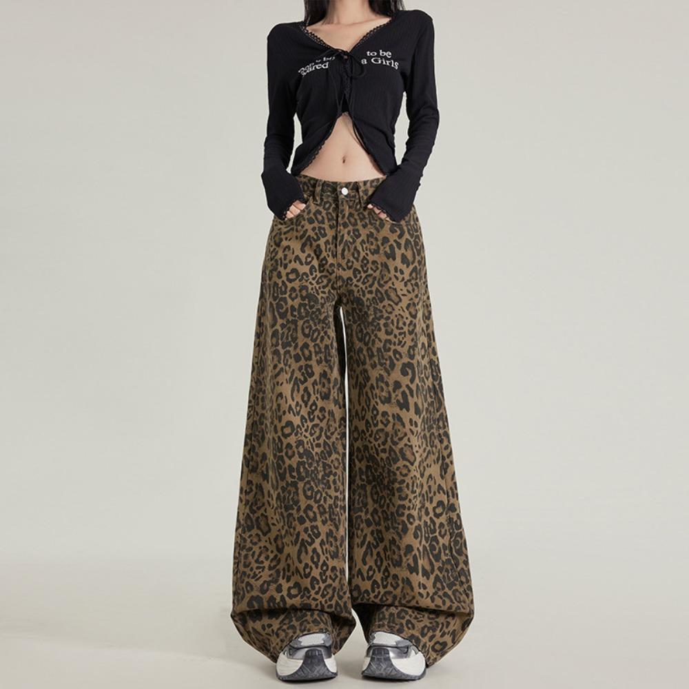 Amerikanischer Trend Leopardenmuster lässige Weitbeinjeans Damen Frühling und Herbst Modedesign lockere Mopping-Jeans