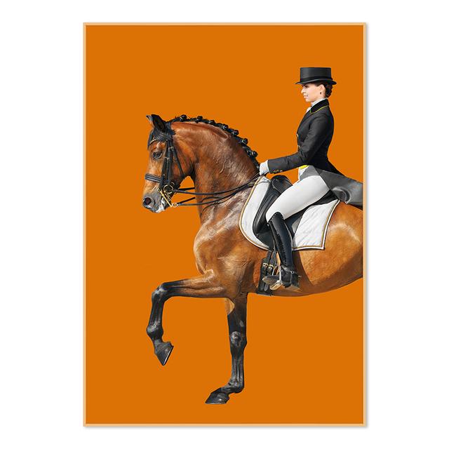 Classic Modern Black Horse Orange Horse Racing Canvas Painting Wall Art Riding Woman Wall Pictures for Living Room Home Decor