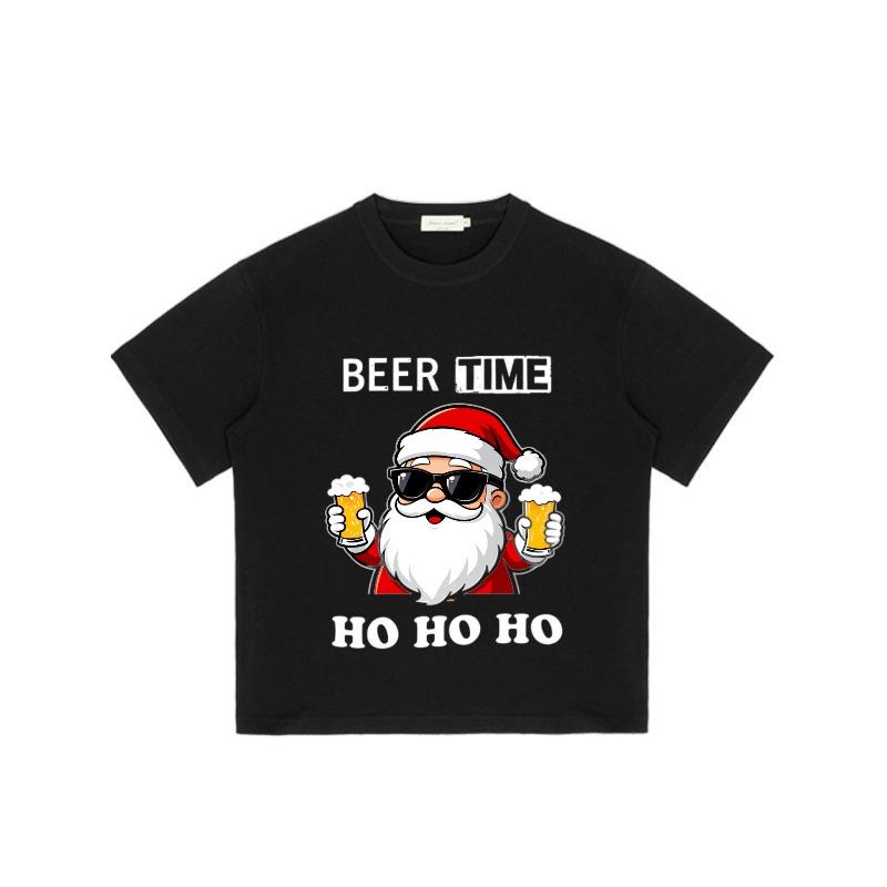 Christmas T Shirt Black Santa Claus With Beer And Sunglasses Print Beer Time Ho Ho Ho Holiday Party Casual Wear