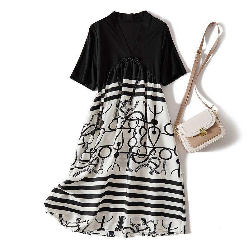 

Noble Sense V-neck Dress Summer! Women Satin Poplin Silk Buckle Ribbon A Word Short sleeve Contrast Color Dress over the Knee Black 4XL