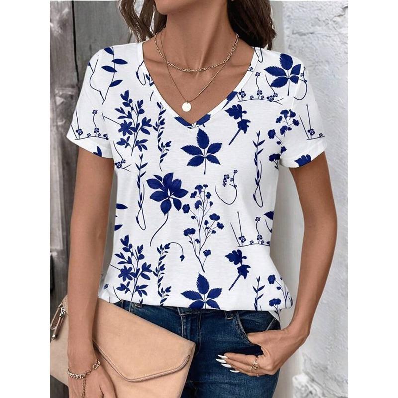 Women's Trendy T-Shirt Flowers Graphics Fashion Short Sleeved V-Neck Regular Tops Daily Print Tee Summer Y2K Casual Tops