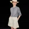Wudao Women's Striped Stand Collar Flare Sleeve Cotton Blouse