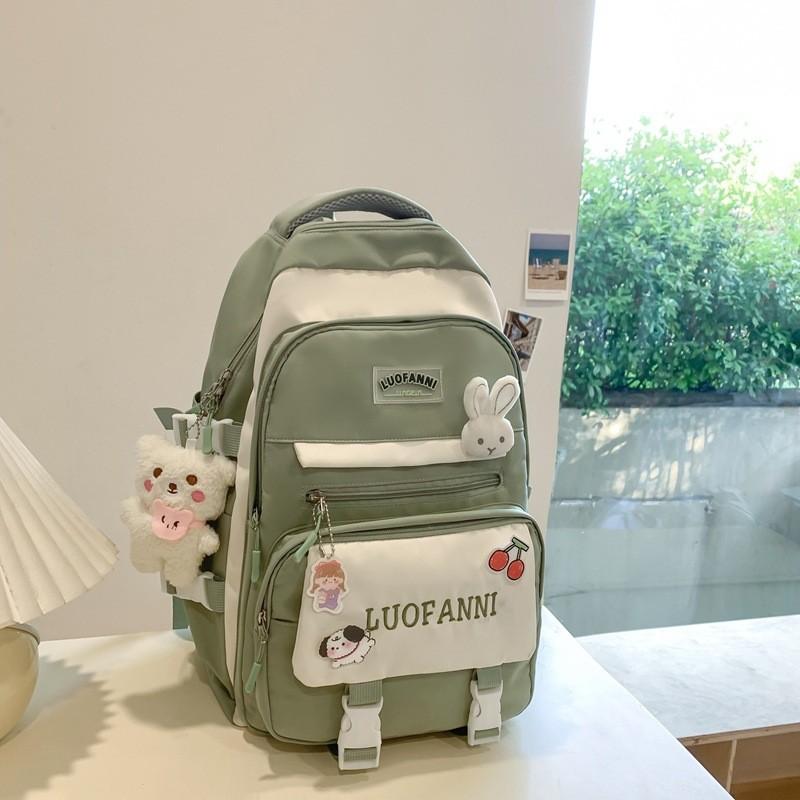 Trendy Versatile Backpack High Capacity Lightweight Waterproof Nylon Bag With Patches And Bear Charm