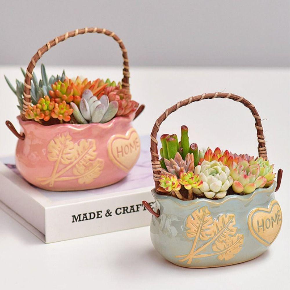 Creative Succulent Planter with Handle Multifunction Resin Flower Pot Corrosion-resistant Decorative Ornament