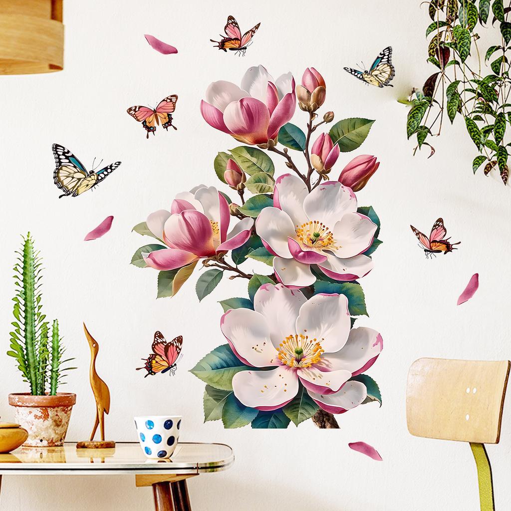 Magnolia Butterfly Wall Sticker Self-Adhesive Waterproof Removable Living Room Bedroom Hallway Background Wall Home Decor Art
