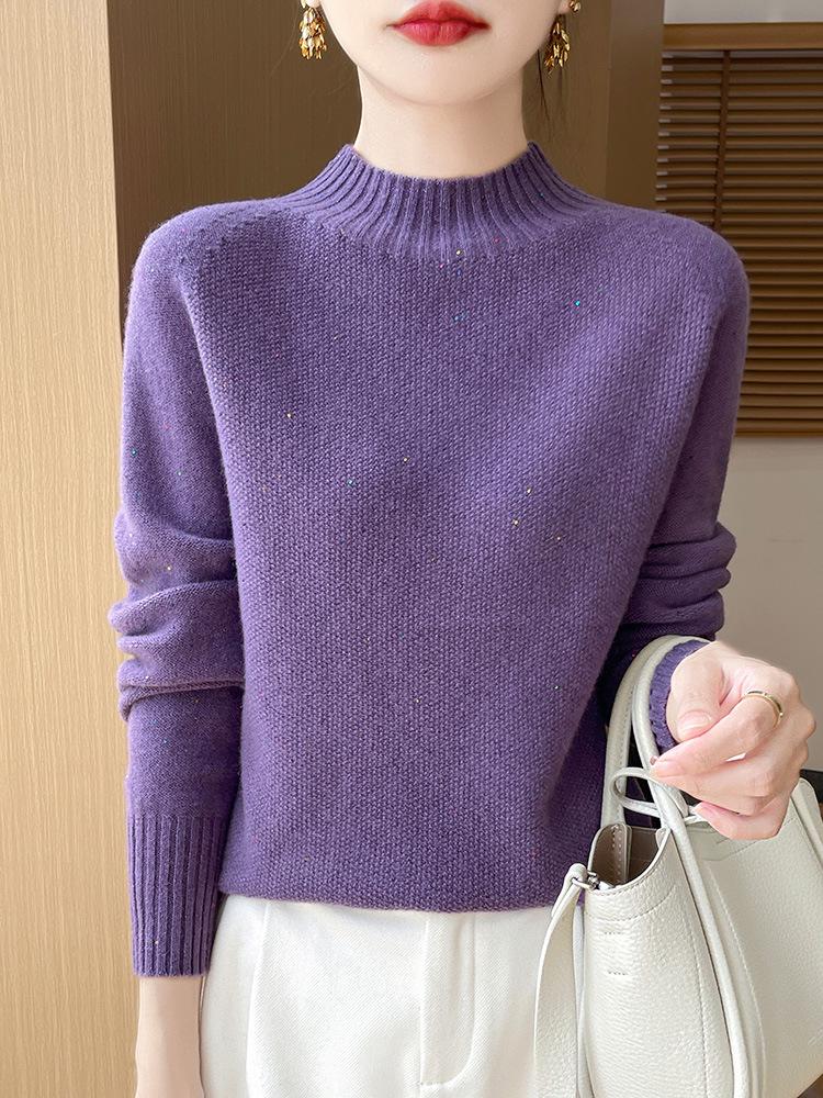 2024 Autumn/Winter High Neck Beaded Wool Sweater - Long Sleeve, Loose Fit