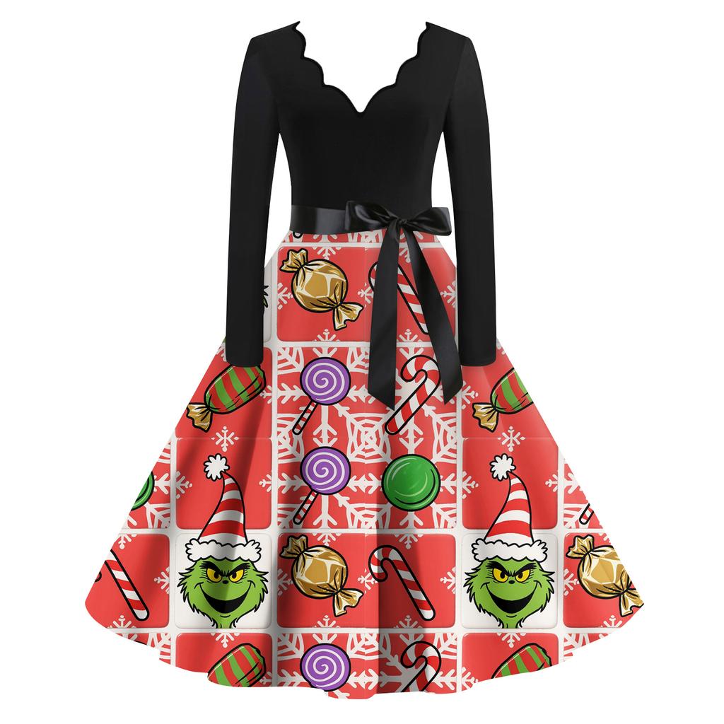 Ladies' Fashionable Retro Long Sleeved Square Neck Christmas Printed Evening Dress Dress