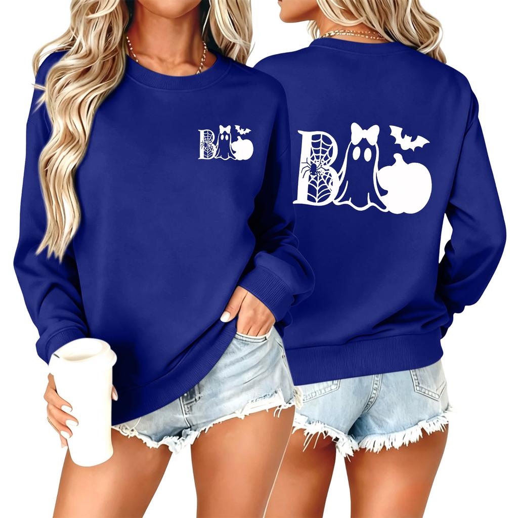 Women's Halloween Print Neck Pullover Sweatshirt Trendy Casual Fall Fashion
