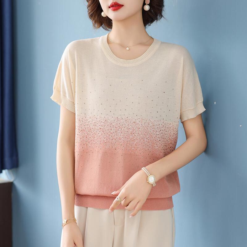Qianlian Women's Summer Gradient Rhinestone Knit T-Shirt