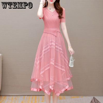 Vestido plissado feminino francês elegante falso dois irregulares 2023 verão simples decote em v malha linha a vestidos longos