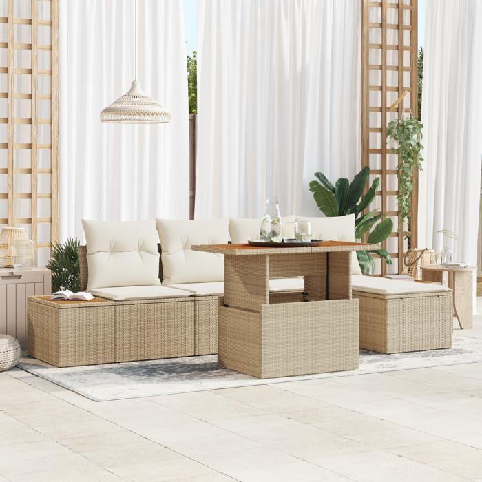 VidaXL Ensemble de salle à manger de jardin 6 pièces avec coussins Beige en poly rotin et acacia 3350063