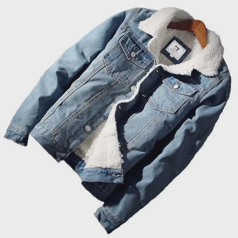 Chaqueta Vaquera de Invierno para Hombre de Corte Slim con Forro de Terciopelo y Lana de Cordero